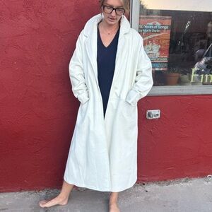 Mid-Century Leathermode Ivory Genuine Leather Belted Trench Coat XL